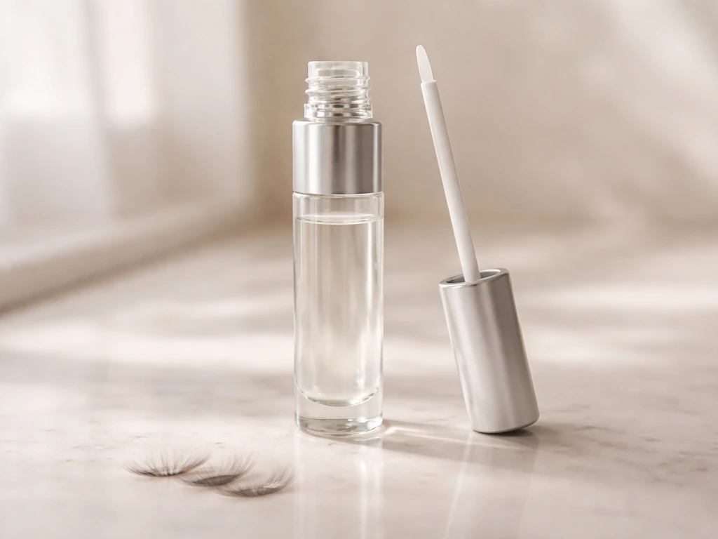 Close-up of an over-the-counter peptide lash serum bottle and wand beside a few eyelashes on a clean surface.