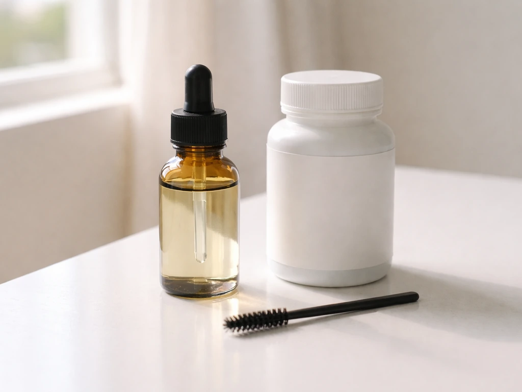 A small dropper bottle of castor oil and a biotin supplement container beside an eyelash grooming tool on a vanity.