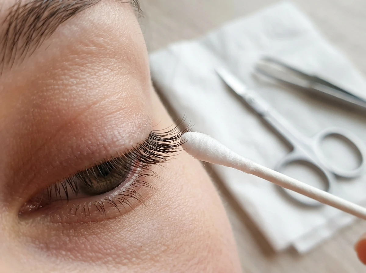 Close-up of cut lashes with scissors and a cotton swab near the lash line.