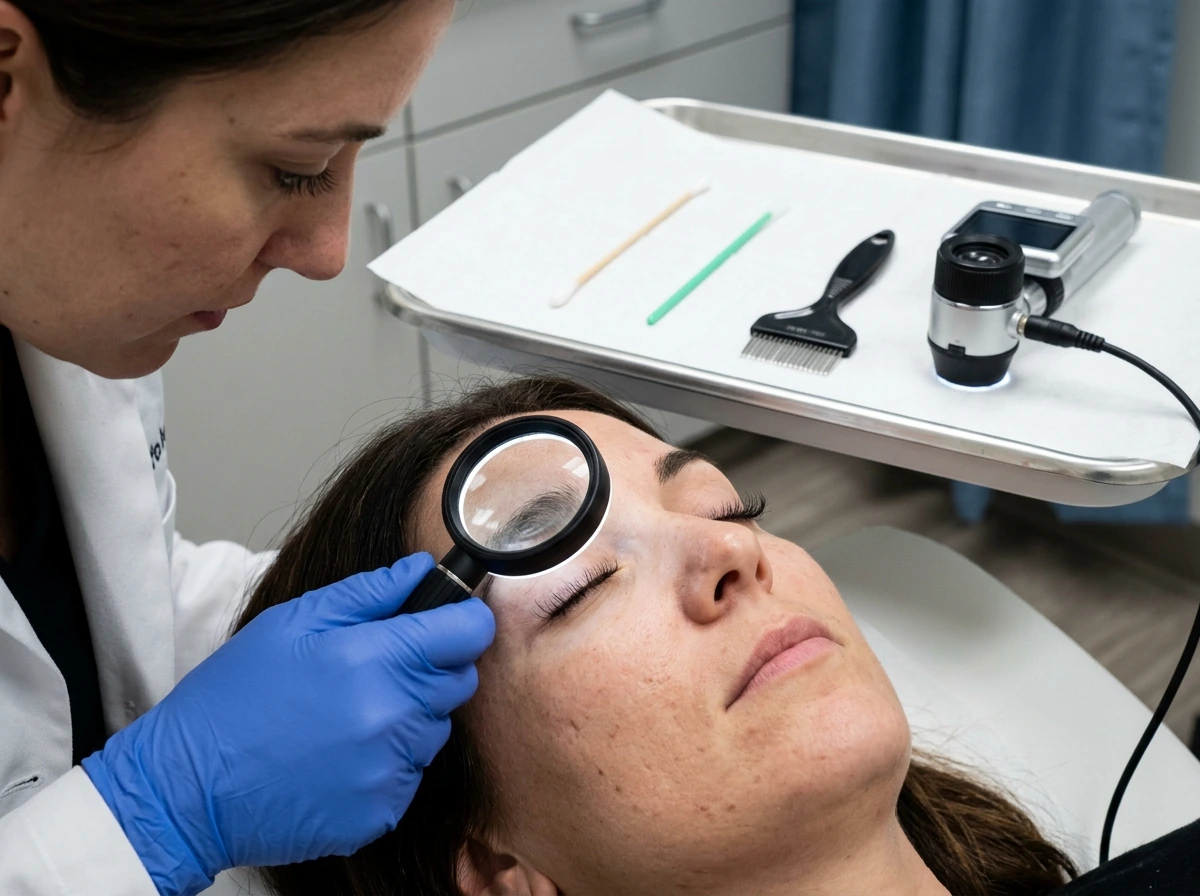 Dermatologist-like exam with magnification to assess lack of regrowth.