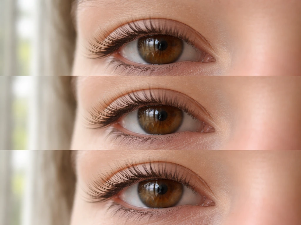 Close-up of an anonymous eye showing three subtle stages of lash regrowth with natural lighting.
