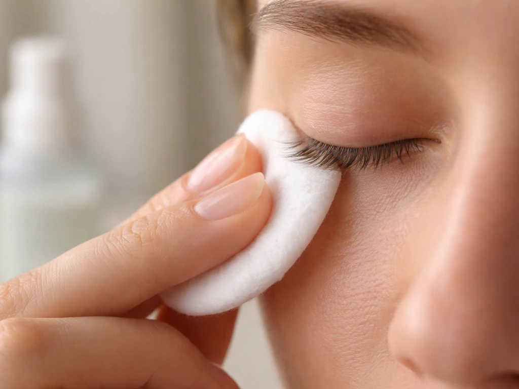 Close-up of a cotton pad gently cleansing the lash line near closed eyelids in soft natural light.