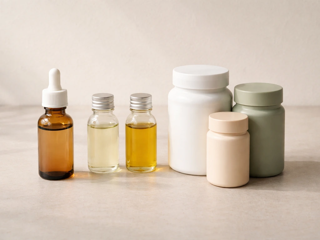 Minimal flat-lay of lash-support products: dropper bottle, neutral oils, and supplement containers on a clean surface.