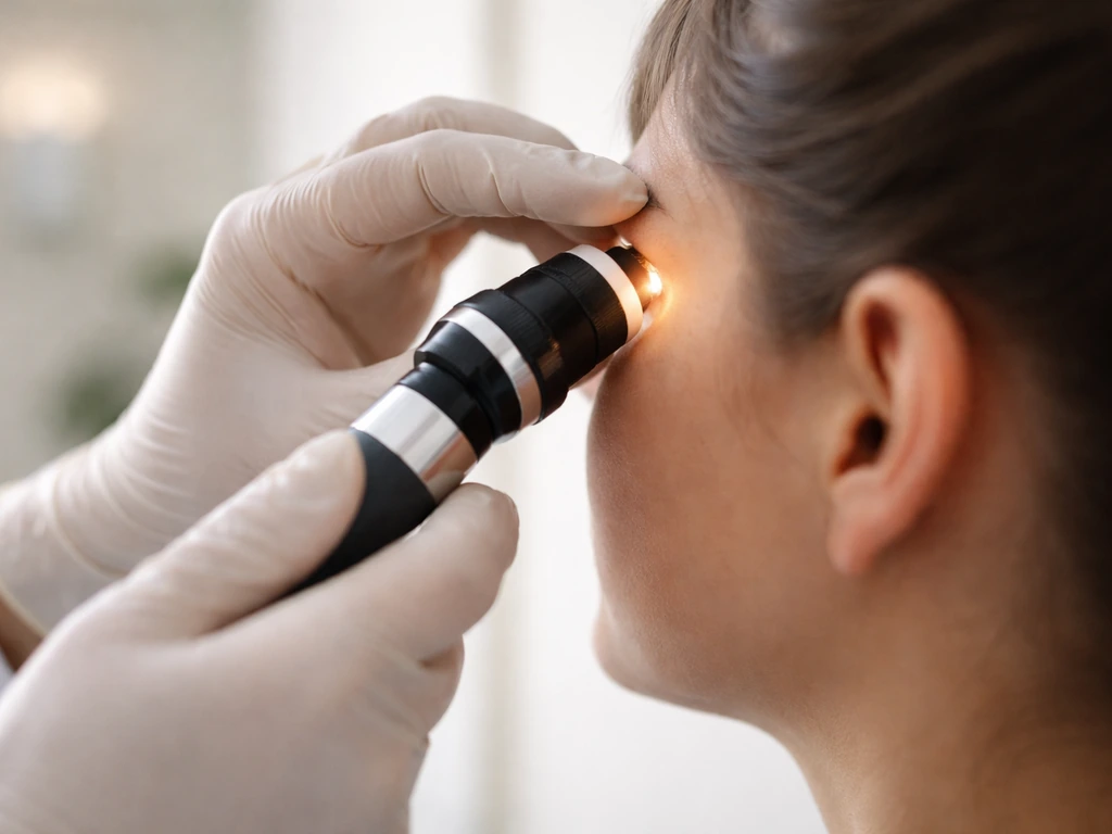 Clinician holds an eyelid open and examines an eye with a magnifier and penlight in an exam room.