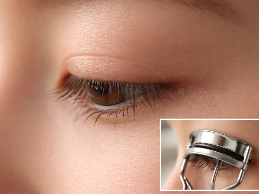 Close-up of downward-growing eyelashes with a small inset showing an upward-training curler position.