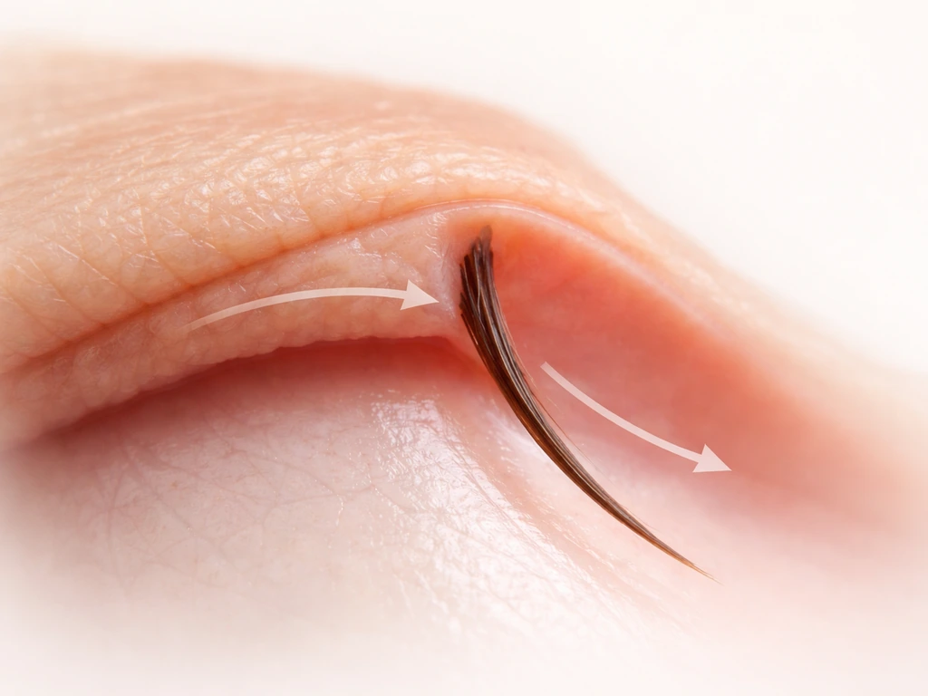 Macro view of eyelid margin showing lash follicle angle with arrows indicating downward lash growth.