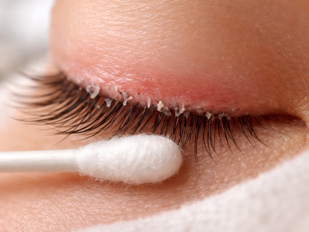 Close-up of a tidy lash line with a cotton swab, soft redness glow, and removed-extension clumps nearby