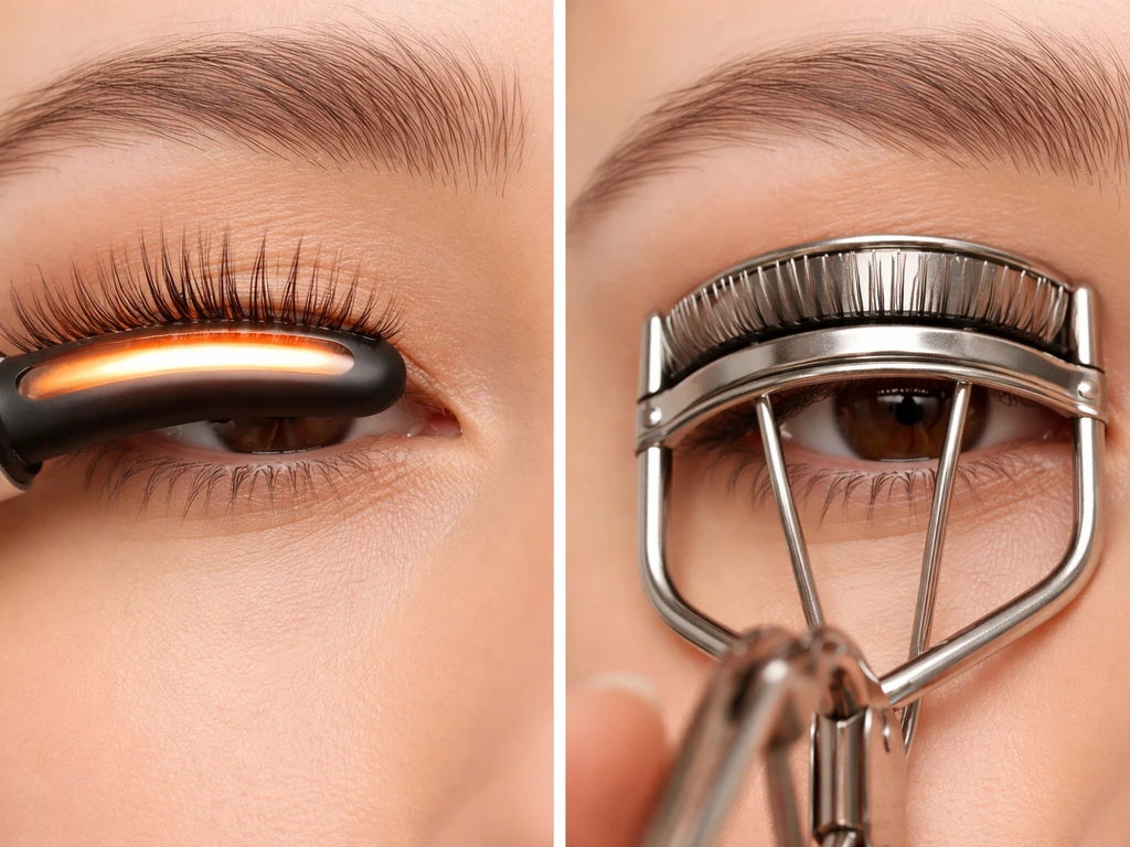 Two eyelash curlers close-up: heated lifting lashes vs mechanical clamp point pressure.