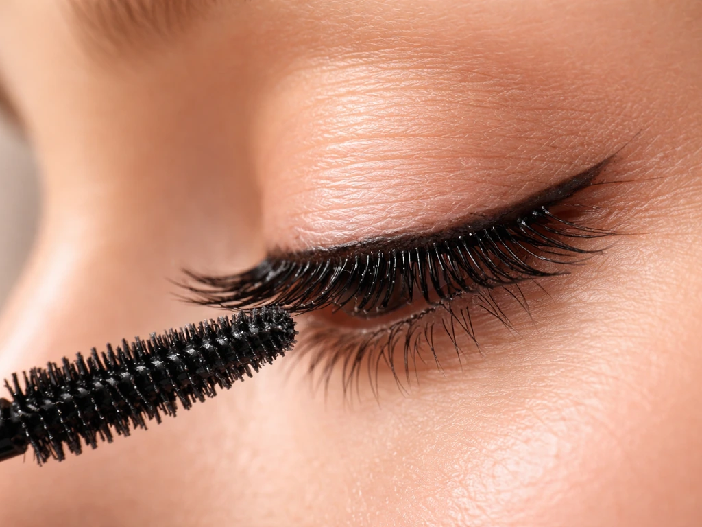 Close-up of a wand applying tubing mascara, showing lifted separated lashes after drying.