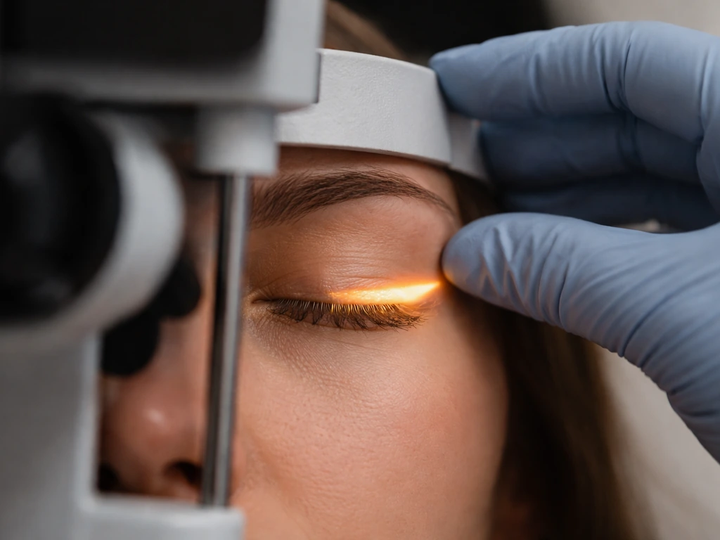 Close-up of an eyelid and lash line during a slit-lamp eye exam, with soft focused clinic light.