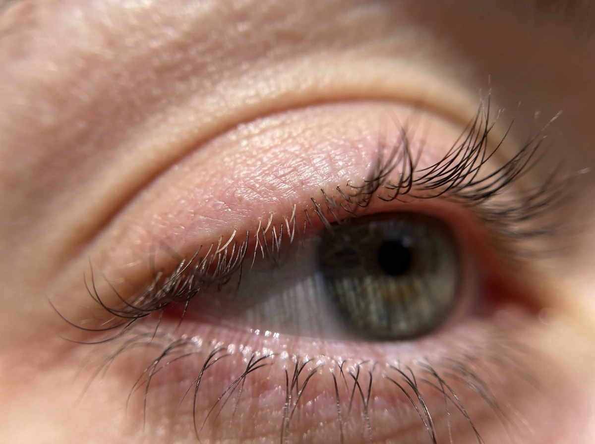 Lash line detail showing very short new lash growth after early recovery milestone