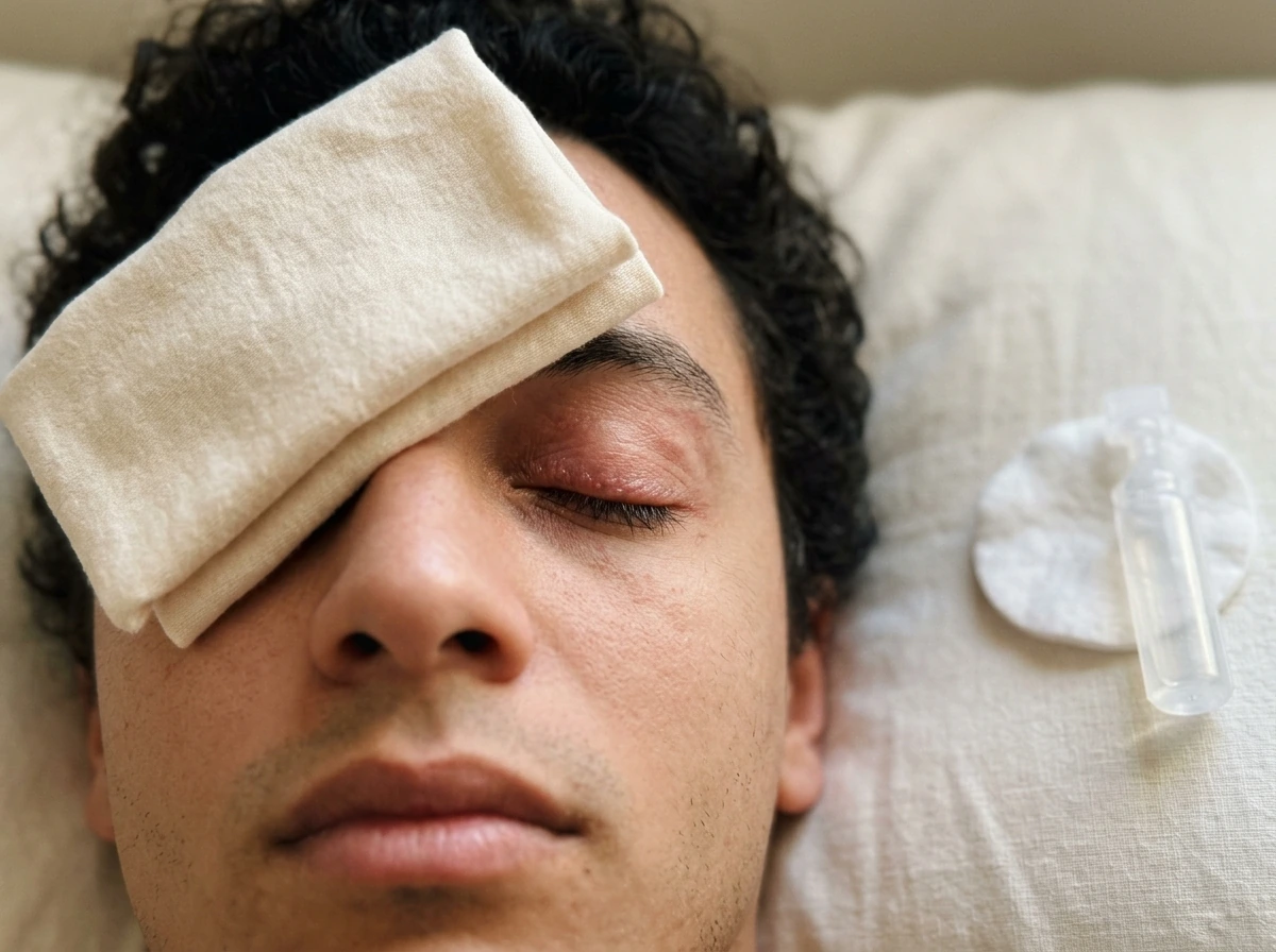 Eyelid inflammation and irritation shown with clean compress and irritated lid edge