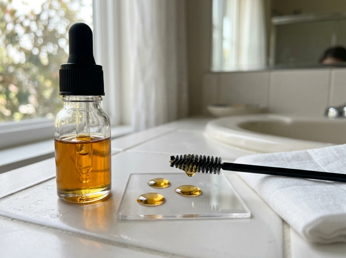 Castor oil bottle and a small brush applicator poised for lash conditioning