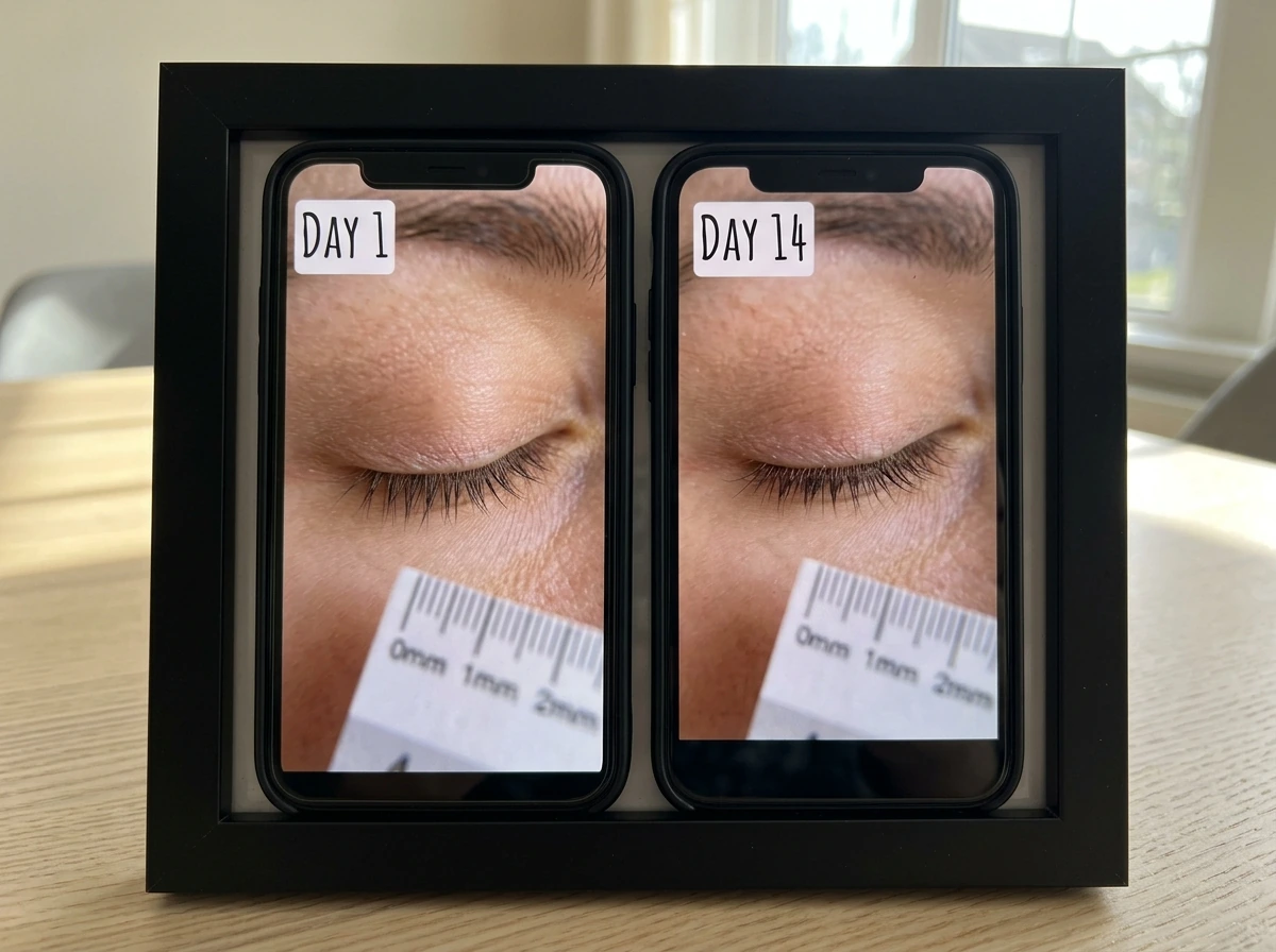 Day 14 comparison setup with two side-by-side eyelash photos