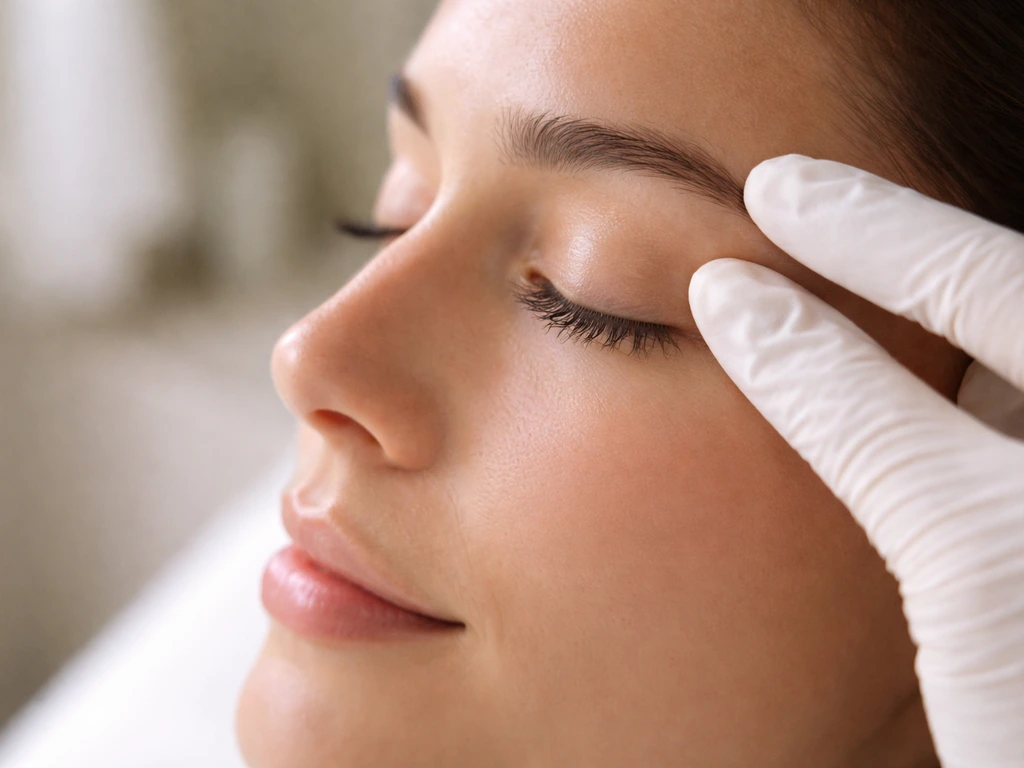 Woman’s closed eyes with natural lashes gently separated by a gloved hand, no extensions visible.