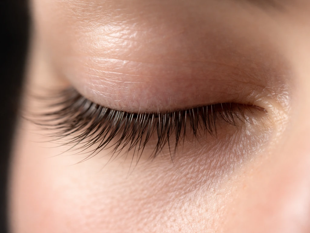Close-up of an eyelash line with intact lash follicles and a few natural shedding gaps