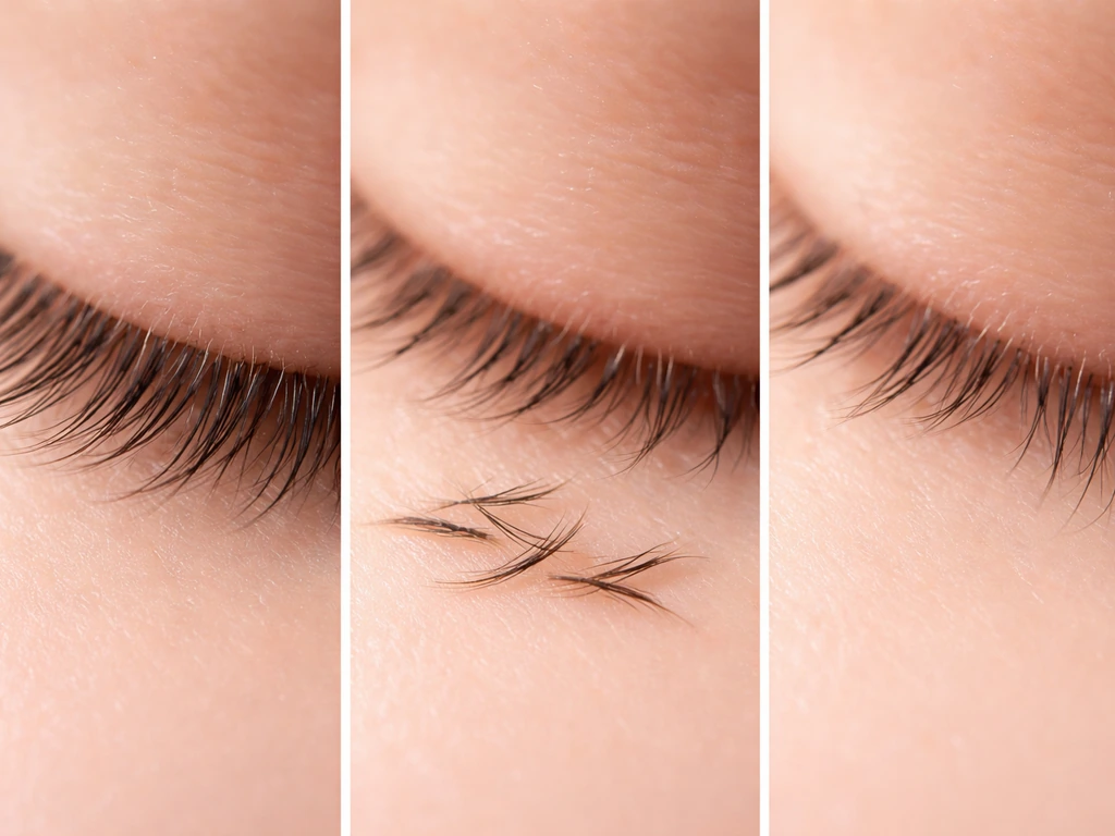 Three side-by-side lash views: intact shedding, broken frayed lashes, and a sparse lash line.