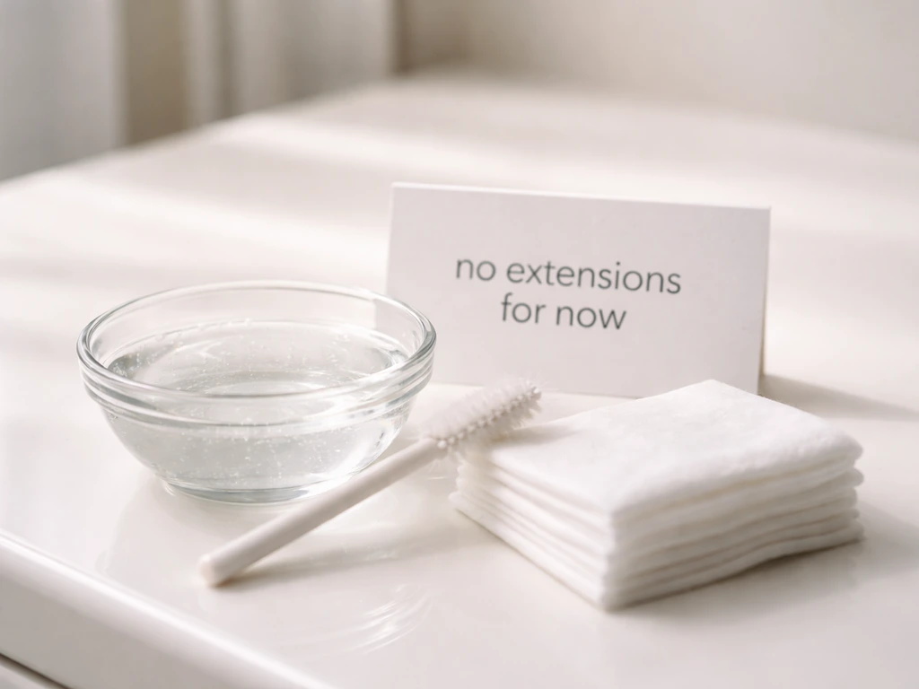 Clean lash-line aftercare setup with gentle cleanser, cotton pads, and a soft spoolie on a tidy vanity.