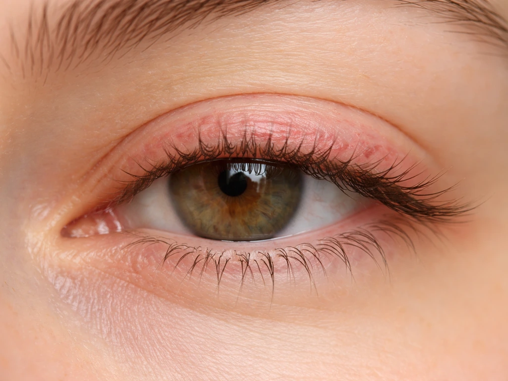 Close-up of an eye with lashes and mildly inflamed eyelid skin, suggesting lash regrowth and recovery