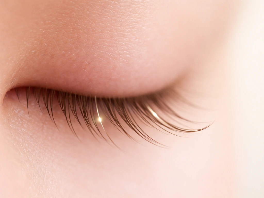 Macro close-up of an eyelash on a softly blurred eye area, with subtle cue of growth, transition, and shedding.