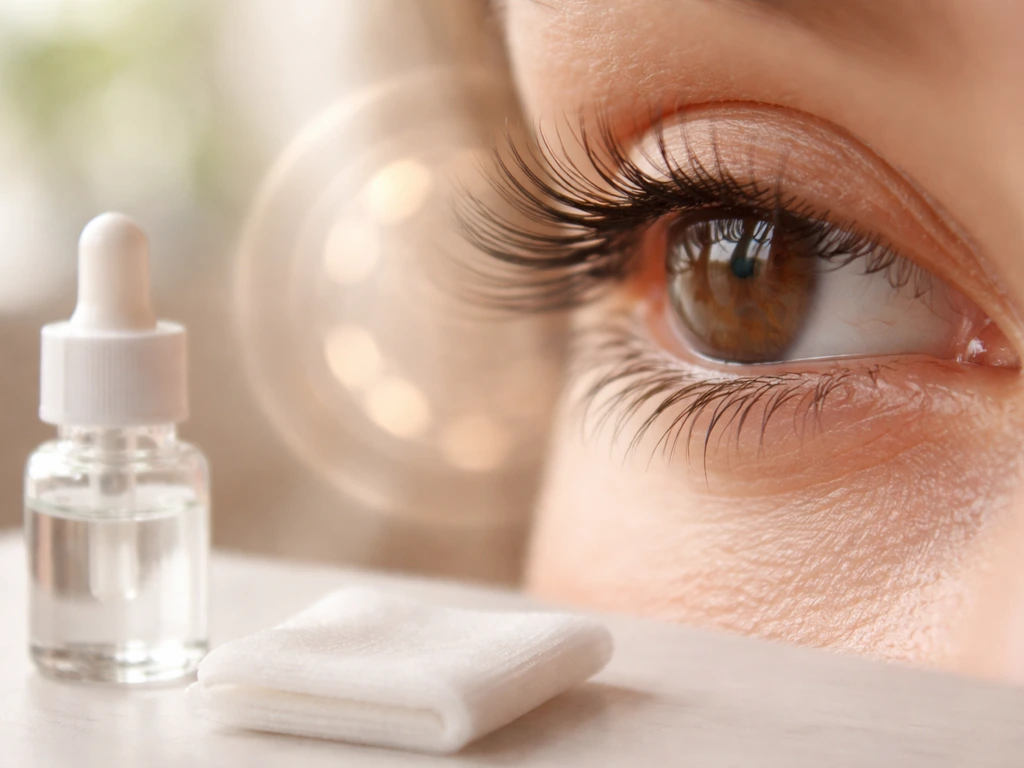 Minimal close-up of eyelashes with a soft timeline-like blur, plus simple skincare items nearby.