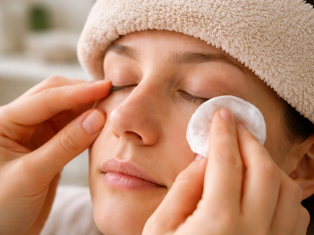 Close-up of hands gently cleaning the eyelid and a warm compress over closed eyes