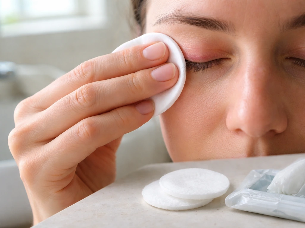 Close-up of a hand gently cleaning an eyelid with a clean cotton pad near a bathroom sink