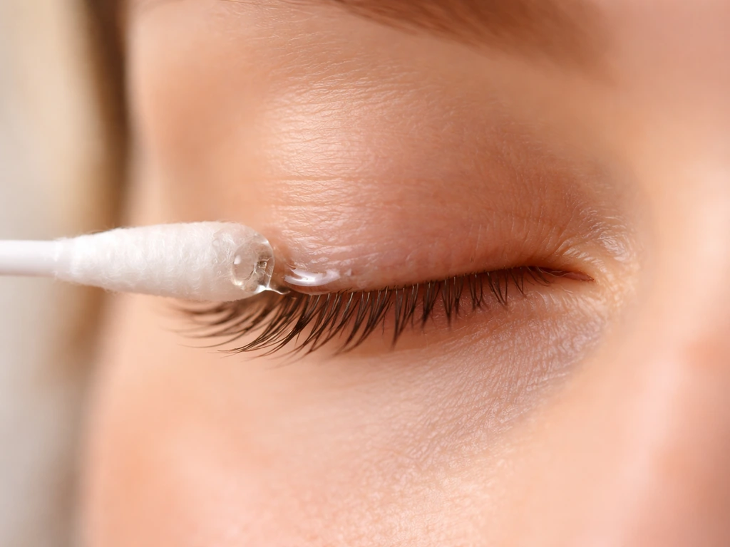 Close-up of a cotton-tipped applicator applying clear aloe vera gel near a closed lash line.