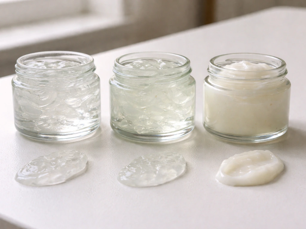 Three glass jars with aloe gel, pure aloe, and aloe-Vaseline mix showing distinct textures side by side.