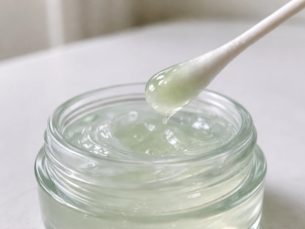 Cotton swab with a thin aloe gel and petrolatum mix, beside an open jar on a clean counter.