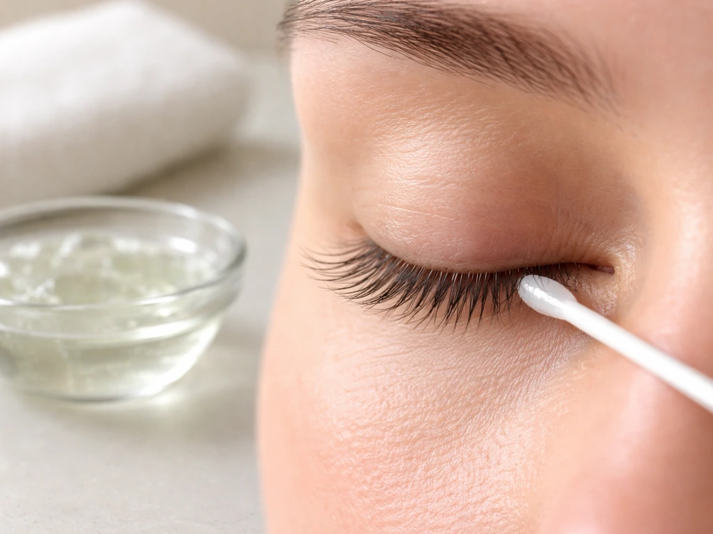 Close-up of clean eyelid and sterile tool applying aloe gel along the lash line