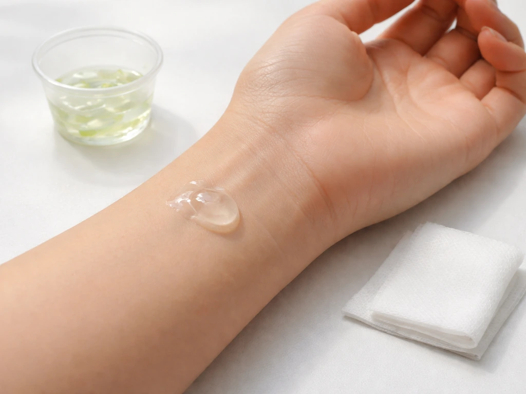 Small dab of aloe gel on the inside of a wrist for patch testing, simple clinical setting