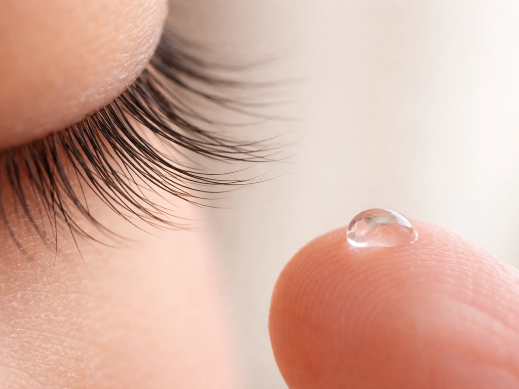 Macro close-up of healthy eyelashes beside a fingertip with a small dab of clear ointment.