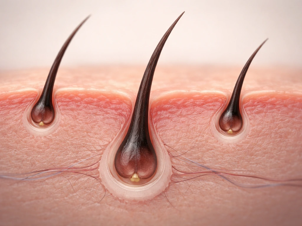 Close-up 3D-like photo of an eyelash follicle in an eyelid skin cross-section with lash growth cycle phases.