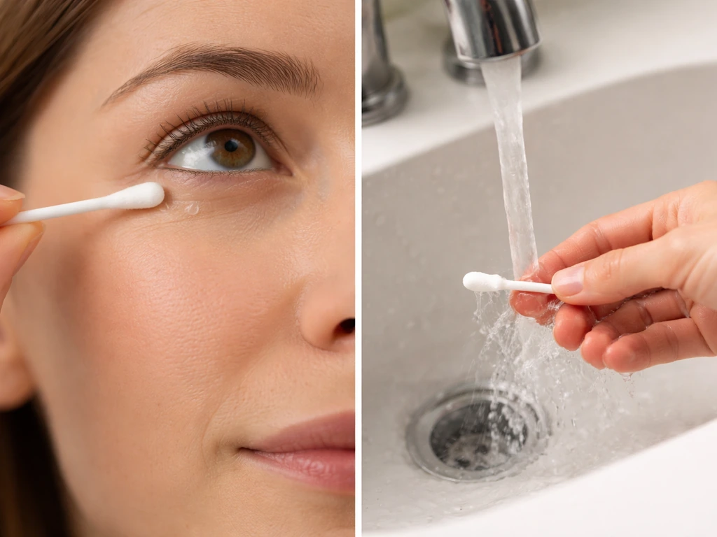Person gently applying ointment with a cotton swab away from lashes, with a separate rinsing action shown.