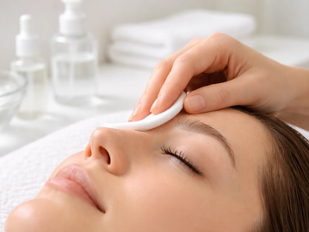 Close-up of hands gently cleansing lash line with an oil-free cleanser on cotton pads