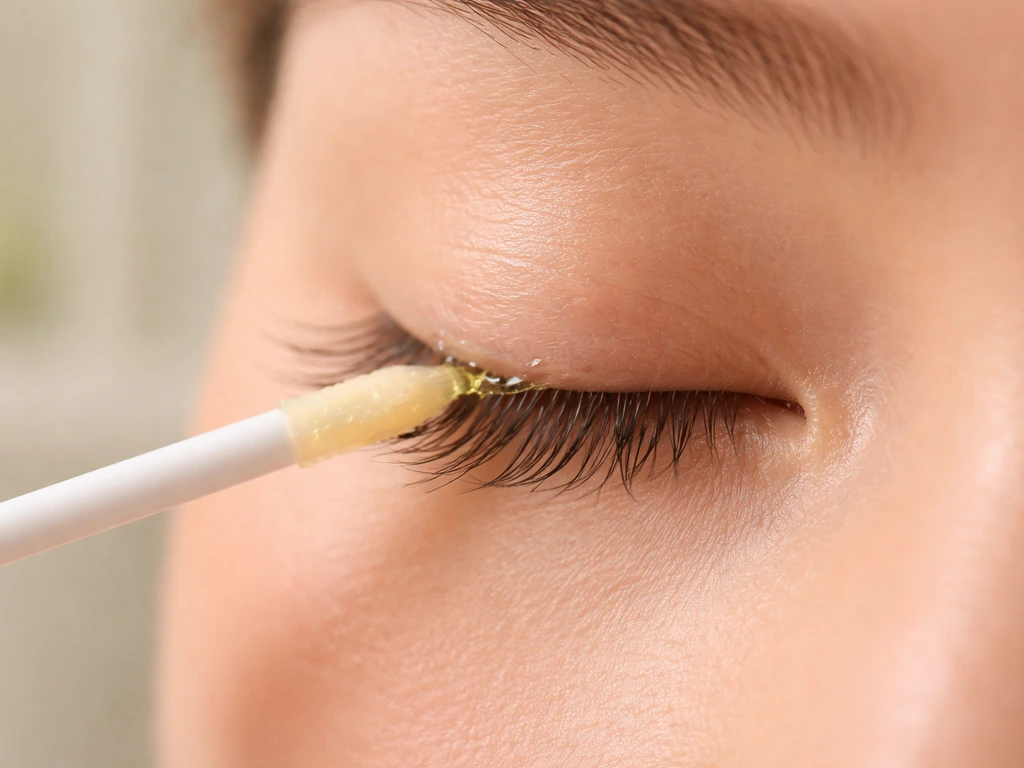 Close-up of upper lash line with vitamin E oil applied along lashes using a clean applicator.
