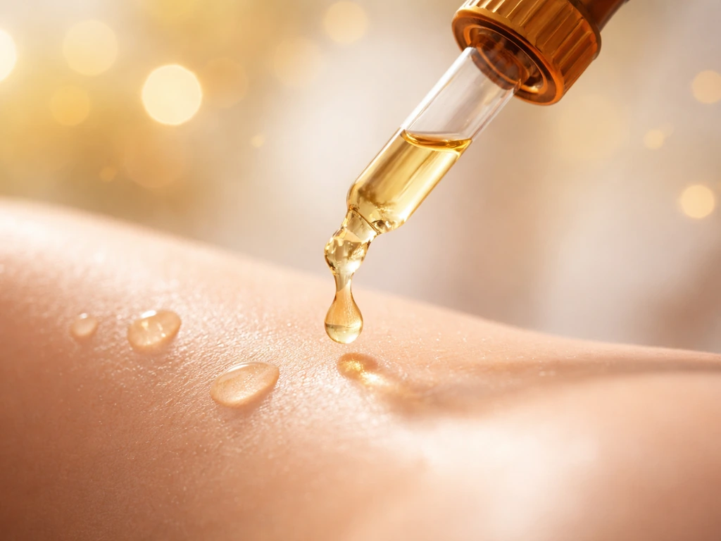 Close-up of amber vitamin E oil texture on a skincare dropper with soft glowing antioxidant theme