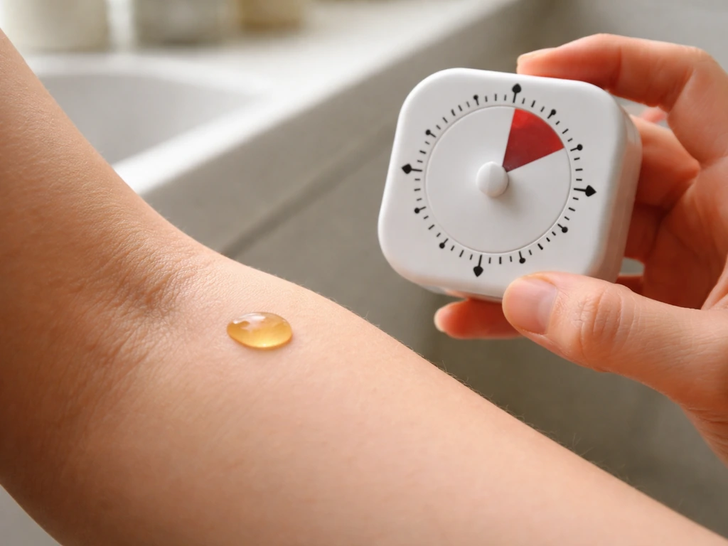 Small droplet of vitamin E oil on inner wrist for patch testing with a nearby timer, minimal scene.