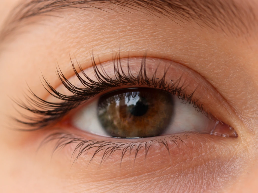 Macro close-up of upper eyelashes showing realistic short-term regrowth on a person’s eye.