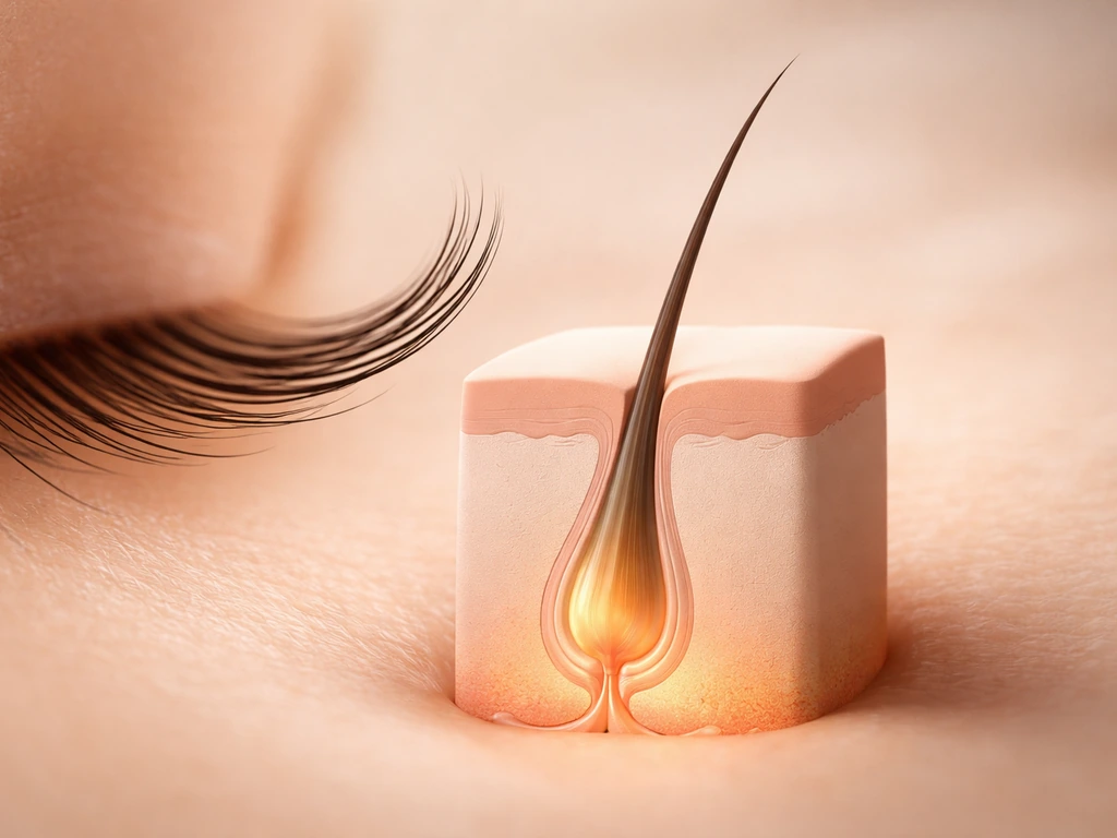 Close-up of an eyelash beside a soft-focus hair-follicle cross-section model showing growth phases.