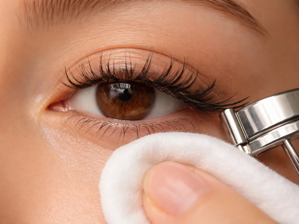 Close-up of eyelashes with lash extension lifting, an eyelash curler, and a cotton pad rubbing the lash line