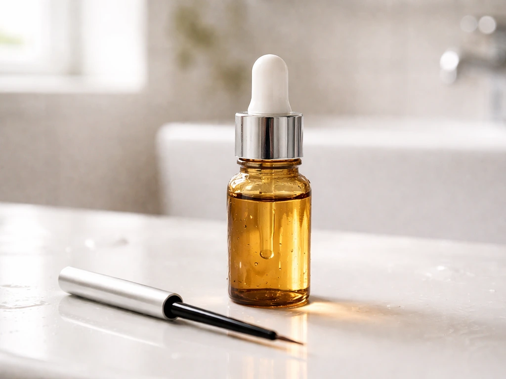 Clinical close-up of a lash enhancer dropper and applicator bottle on a clean bathroom counter.