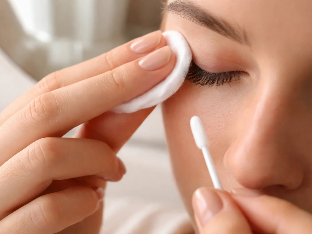 Close-up of hands gently cleaning the lash line with a cotton pad for safe removal of lash stress.