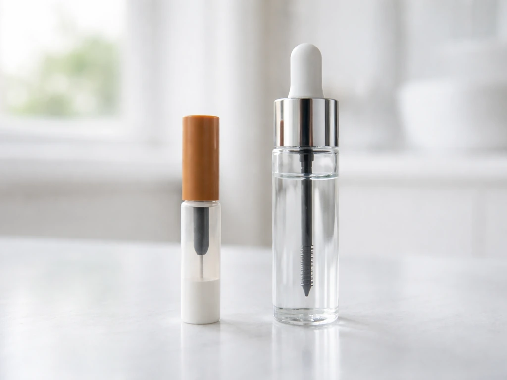 Two unlabeled lash serum containers side-by-side on a white counter under natural light.