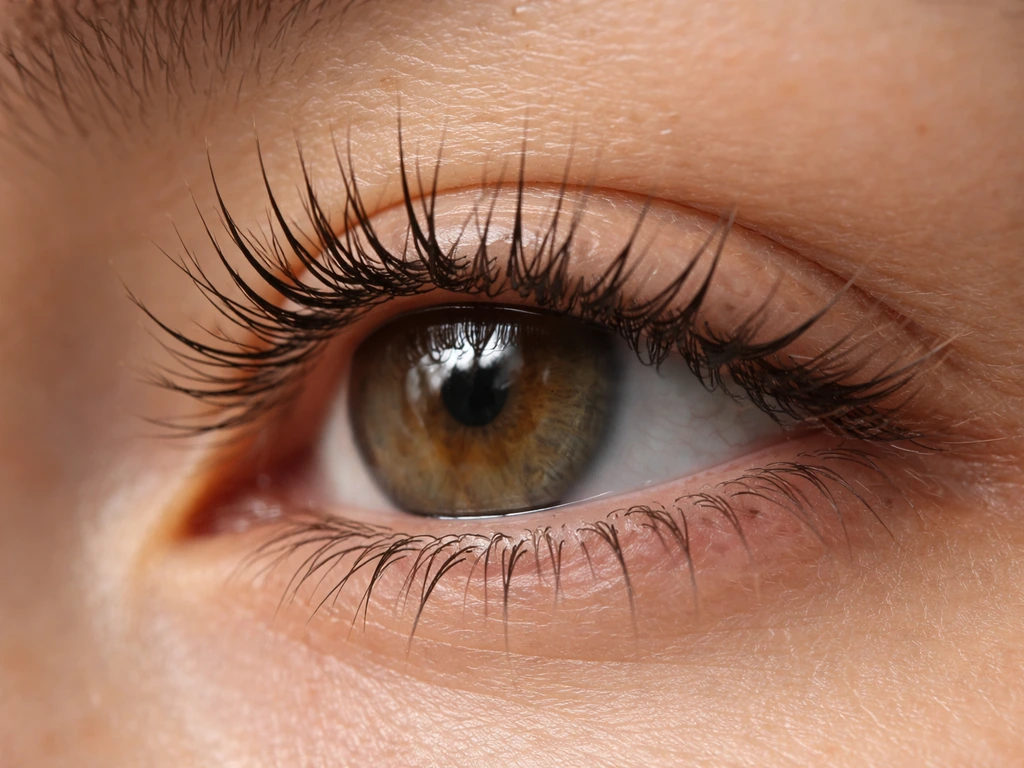 Macro close-up of mixed-direction eyelashes with sharp, realistic lash angles and natural eye reflections.