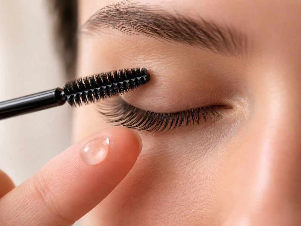 Close-up of a clean spoolie brush and lash-conditioning serum at the lash line, grooming lashes neatly.