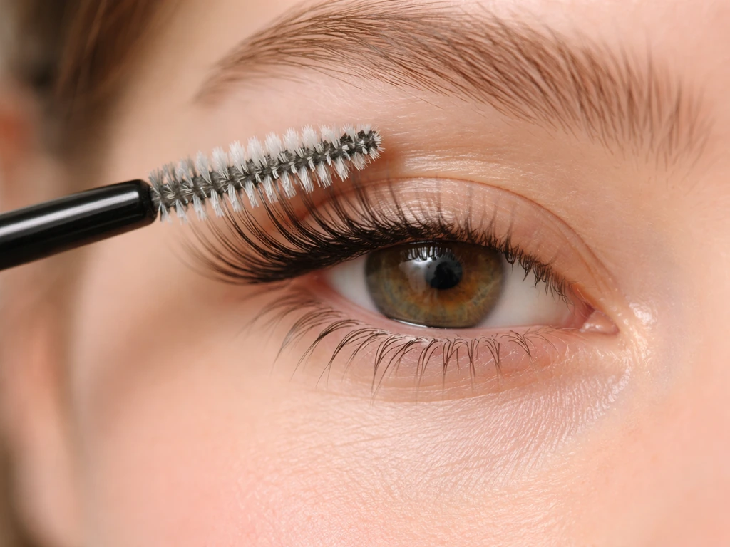 Close-up of lashes being brushed gently upward and outward from the lower lid angle