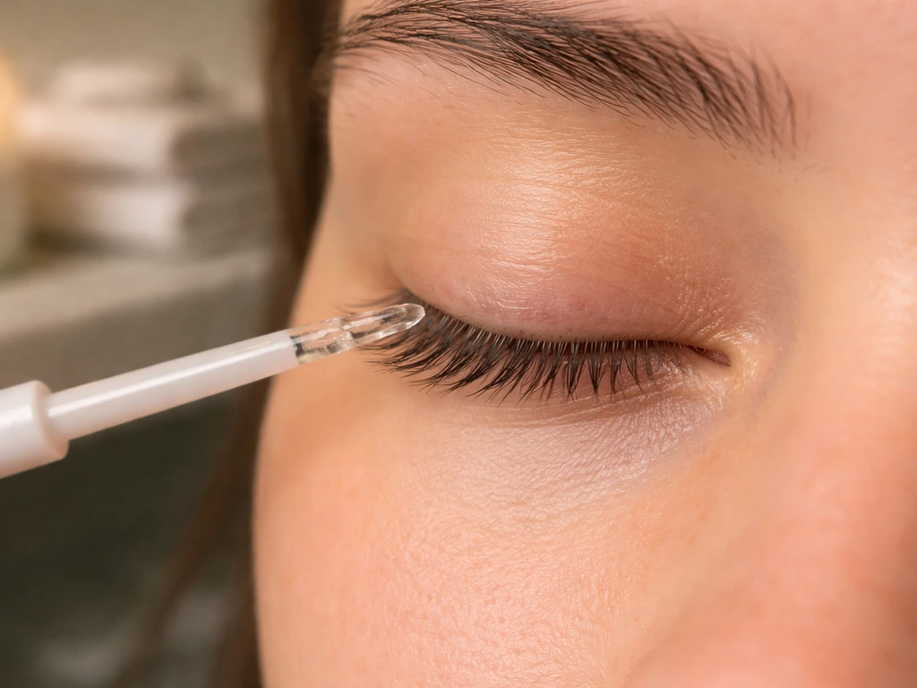 Close-up of a clean face with an applicator applying a lash conditioning gel along the lash line at night.