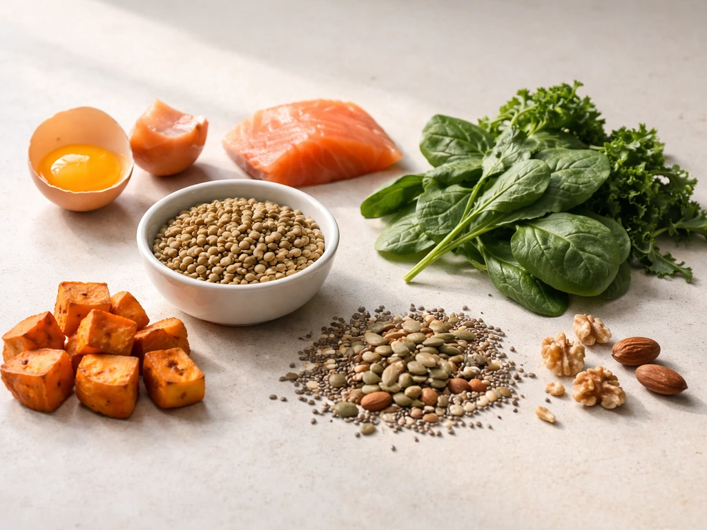 Minimal food assortment flat-lay: egg, fatty fish, lentils, leafy greens, sweet potato, and seeds.